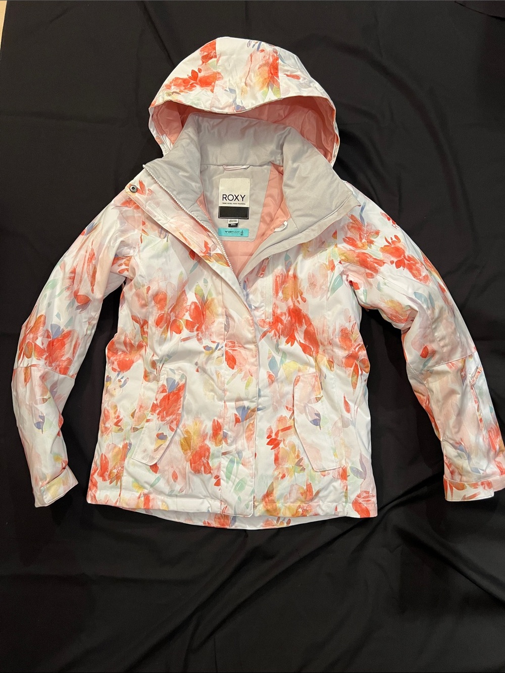Roxy women’s Floral Hooded Puffer Jacket - White with Coral Pink Accents